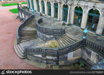 Stairs top view at Zwinger palace and Residenzschloss (city hall) on the back in Dresden, Germany&#xA;