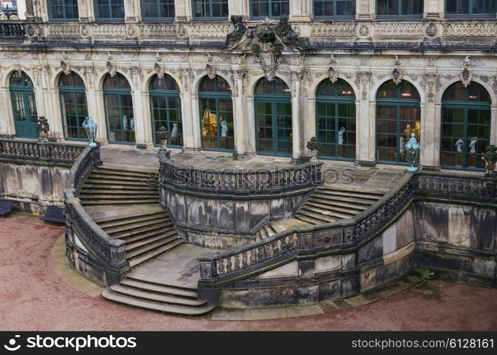 Stairs top view at Zwinger palace and Residenzschloss (city hall) on the back in Dresden, Germany&#xA;