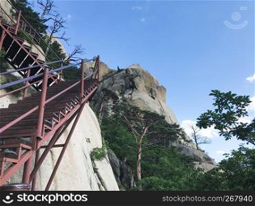 Stairs up and beautiful mountains of Seoraksan National Park. South Korea