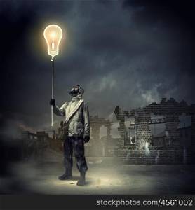 Stalker and recycle sign. Man in respirator against nuclear background touching symbol. Pollution concept