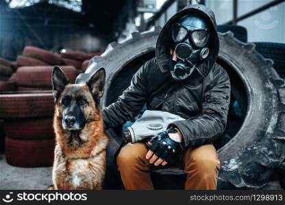 Stalker in gas mask and dog, friends in post apocalyptic world. Post-apocalypse lifestyle on ruins, doomsday, judgment day