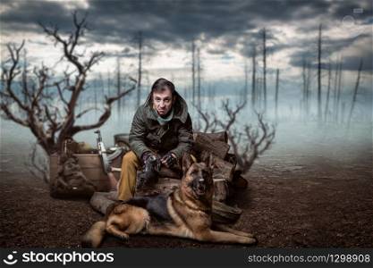 Stalker soldier and dog, rifle, friends in post apocalyptic world. Post-apocalypse lifestyle on ruins, doomsday, judgment day . Stalker soldier and dog