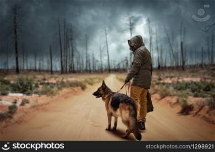 Stalker soldier in gas mask and dog in radioactive zone, survivors after nuclear war. Post apocalyptic world. Post-apocalypse lifestyle on ruins, doomsday, judgment day