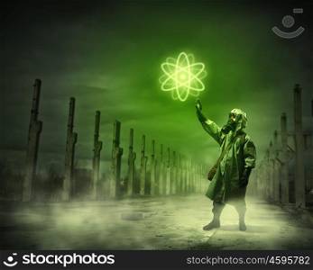 Stalker touching sign. Image of man in gas mask and protective uniform touching atom sign