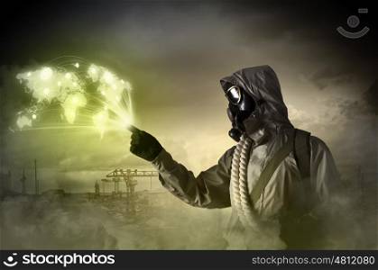 Stalker touching sign. Image of man in gas mask and protective uniform touching globe illustration