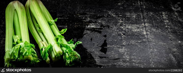 Stalks of fresh celery on the table. On a black background. High quality photo. Stalks of fresh celery on the table.