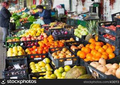 Stall with fresh fruits and vegetables at Porto market. Portugal