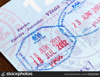 Stamps in a USA passport for Cambodia and Thailand entry visas