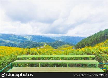 Stan of view point yellow flowers and mountain. Landmark landscape North of Thailand.