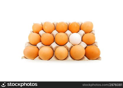 Stand out of crowd concept with eggs on white