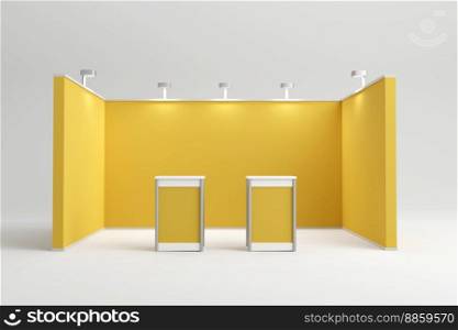 Standard exhibition stand with spotlights. Presentation event room display. yellow blank panels, advertising stand. Creative exhibition booth design on white background. 3d illustration