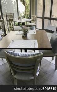 Standard table setting of hotel restaurant, stock photo