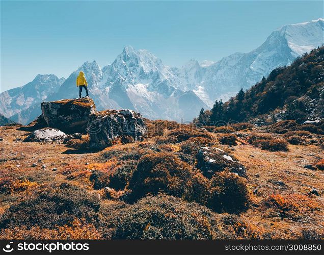 Standing man on the stone and looking on amazing mountains at sunset. Landscape with traveler, high rocks with snowy peaks, grass, trees in autumn in Nepal. Lifestyle, travel. Trekking in Himalayas
