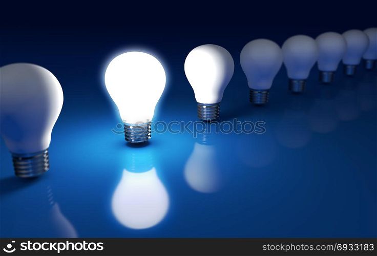 Standing out with creative ideas and business solution concept with a bright light bulb glowing in a row 3D illustration.