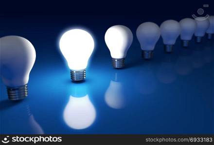Standing out with creative ideas and business solution concept with a bright light bulb glowing in a row 3D illustration.