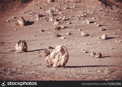 Standing rocks on the desert sand in Atacama, Chile. Rocks standing on the desert hills in Atacama desert, Chile