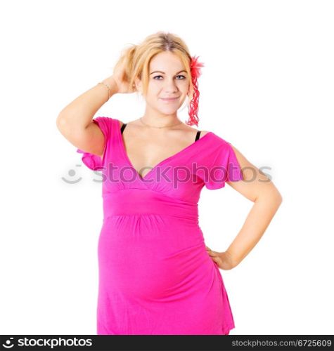 standing smiling pregnant woman in purple dress