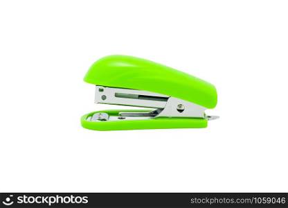 Stapler, office equipment green color isolated on a white background, with clipping path.