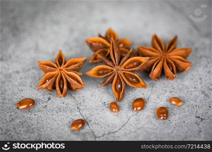 Star Anise on dark background herbs and spices for cooking food / Fresh anise star seeds