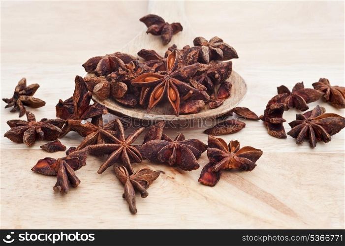 Star anise on wooden serving spoon with shallow depth of field