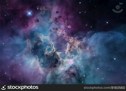 star birth in a distant, dusty nebula, with bluish nebulosity and vibrant stars, created with generative ai. star birth in a distant, dusty nebula, with bluish nebulosity and vibrant stars