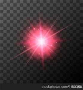 Star burst with red sparkles on transparent background. Sunny glow lighting effect.. Sunny red glow lighting effect.