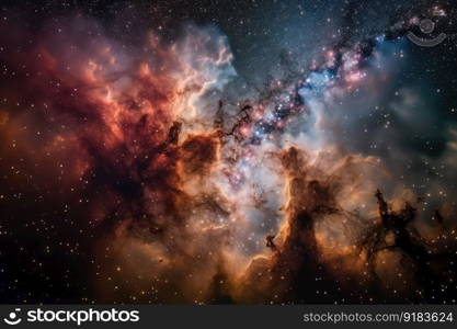 star cluster, with view of surrounding nebulae and dust clouds, created with generative ai. star cluster, with view of surrounding nebulae and dust clouds