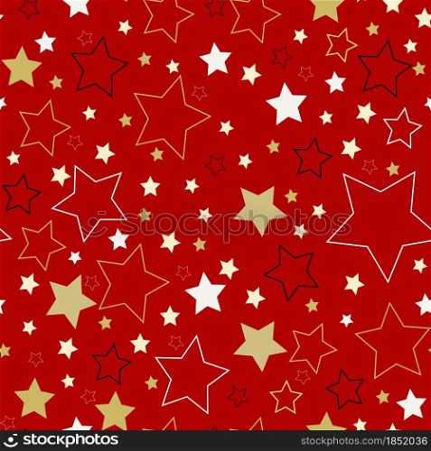 Star festive pattern vector illustration. Gold and white stars on a red background. Template for New Year and Christmas. Gift wrapping paper or backing paper.. Star festive pattern vector illustration.