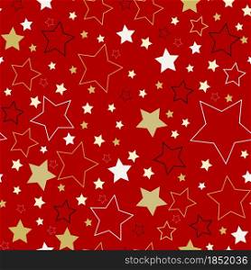 Star festive pattern vector illustration. Gold and white stars on a red background. Template for New Year and Christmas. Gift wrapping paper or backing paper.. Star festive pattern vector illustration.