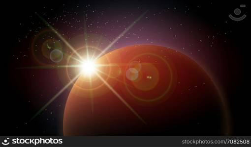 Star rise over the planet in the night sky space. Colorful Space background. Vector illustration