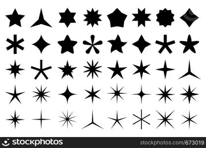 Star shape icons. Rating stars and favorites icon silhouette. Accomplishment award, pentagon stars logo or game score. Isolated vector symbols set. Star shape icons. Rating stars and favorites icon silhouette isolated vector set