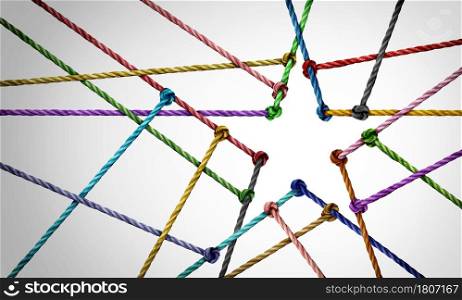 Star team concept as a business metaphor with a connected group of ropes shaped as a winning symbol representing diverse unity or diversity partnership and support network.