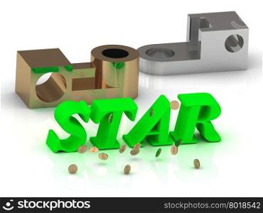 STAR- words of color letters and silver details and bronze details on white background