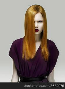 Stare. Exquisite Golden Hair Stylish Woman in Violet Dress. Arrogance
