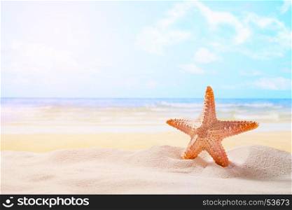 Starfish on summer sunny beach at ocean background. Travel, vacation concepts.