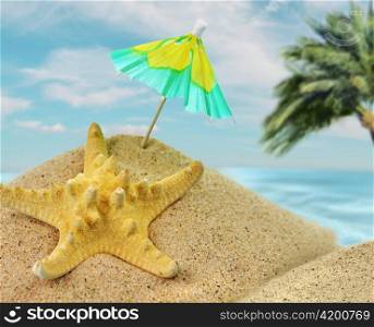 Starfish with green drink umbrella on the sand, close up