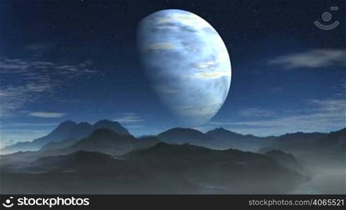 Starry night sky. Slowly floating clouds over the mountains. In the lowlands of glowing blue mist. The huge blue planet (gas giant) in the penumbra. The horizon is covered with fog.
