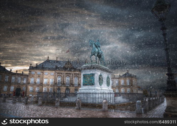 Starry night sky.The Royal Amalienborg Palace in Copenhagen. Denmark. Royal Amalienborg Palace in Copenhagen