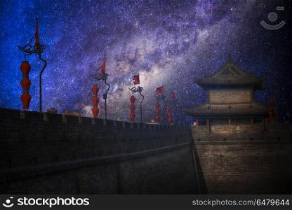Starry night sky. Xian city wall. . Xian city wall.