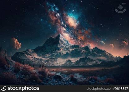 Starry sky mountain. Illustration Generative AI