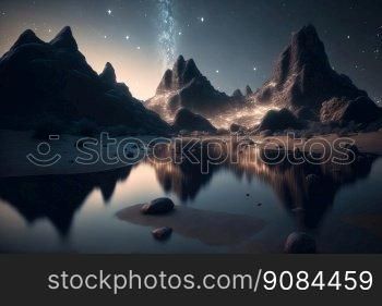 Stars and Night Sky, Epic Landscape with Mountains and Lake Reflection. Deserted, Lonely or Abandoned Place. Generative AI. Starry Night Sky, Epic Landscape with Mountains and Lake Reflection. Deserted, Lonely or Abandoned Place. Generative AI