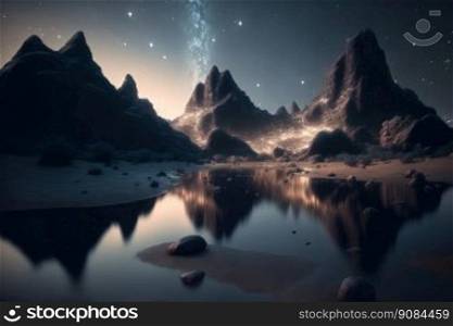 Stars and Night Sky, Epic Landscape with Mountains and Lake Reflection. Deserted, Lonely or Abandoned Place. Generative AI. Starry Night Sky, Epic Landscape with Mountains and Lake Reflection. Deserted, Lonely or Abandoned Place. Generative AI
