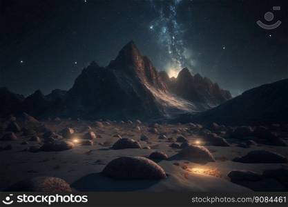 Stars and Night Sky, Epic Landscape with Mountains and Stones. Deserted, Lonely or Abandoned Place. Generative AI. Starry Night Sky, Epic Landscape with Mountains. Deserted, Lonely or Abandoned Place. Generative AI