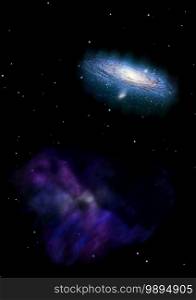 Stars and spiral galaxy in a free space. Elements of this image furnished by NASA . 3D rendering.. Stars and spiral galaxy in a free space. 3D rendering.