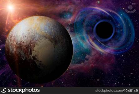 Stars are collapsing in a deep spiral, attracted by the huge gravitational field of a black hole. Pluto appears in the foreground. Elements of this image furnished by NASA.