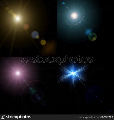 Stars, collage with four suns with lens flares and Rays. collage with suns and rays