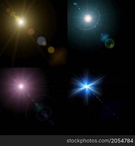 Stars, collage with four suns with lens flares and Rays. collage with suns and rays