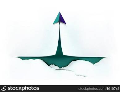 Start and Leadership Concept. Paper Plane on Torn Paper. look like a Spaceship Launch into the Sky and Cloud. Business Start-up Business. Metaphor Photo. Top View