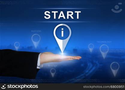 start button with business hand on blurred background