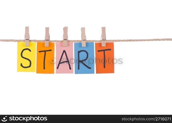 Start, Colorful words hang on rope by wooden peg